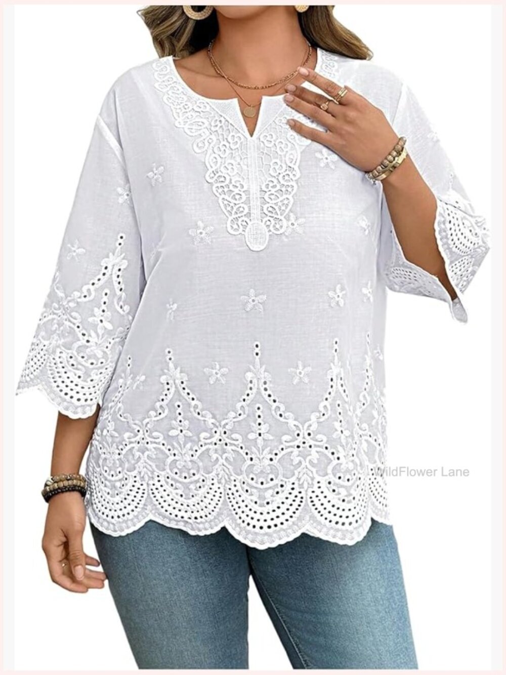 Plus Size Eyelet Blouse Summer Embroidery Dressy Short Sleeve Tops